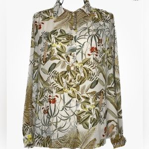 H&M Womens L Floral Long Sleeve Button-Up Deco Gathering On Back Blouse